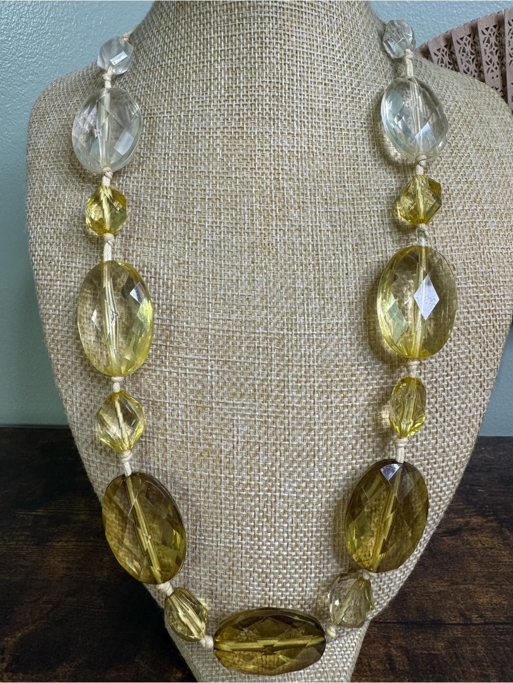 Yellow Faceted Bead Necklace - Chunky Acrylic on Knotted Cord